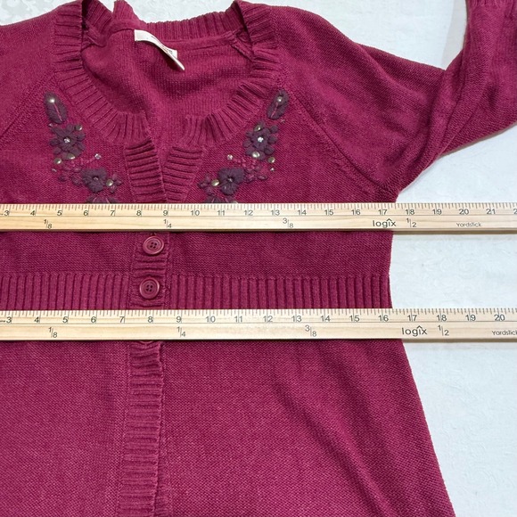 DKNY JEANS PETITES Women Burgundy Embellished Cardigan Sweater Size M 3/4 Sleeve - Picture 4 of 8